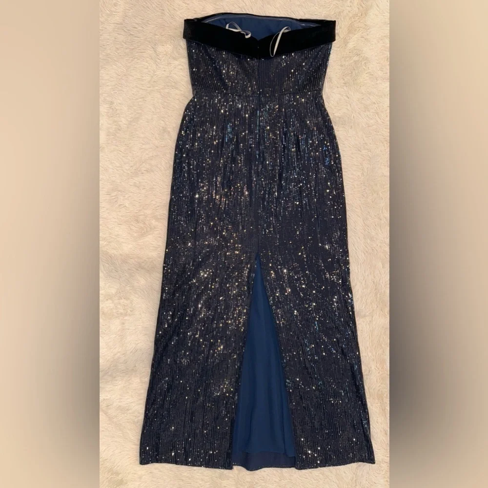 Monique Lhuillier Strapless Navy Sequin Evening Gown with Velvet Trim